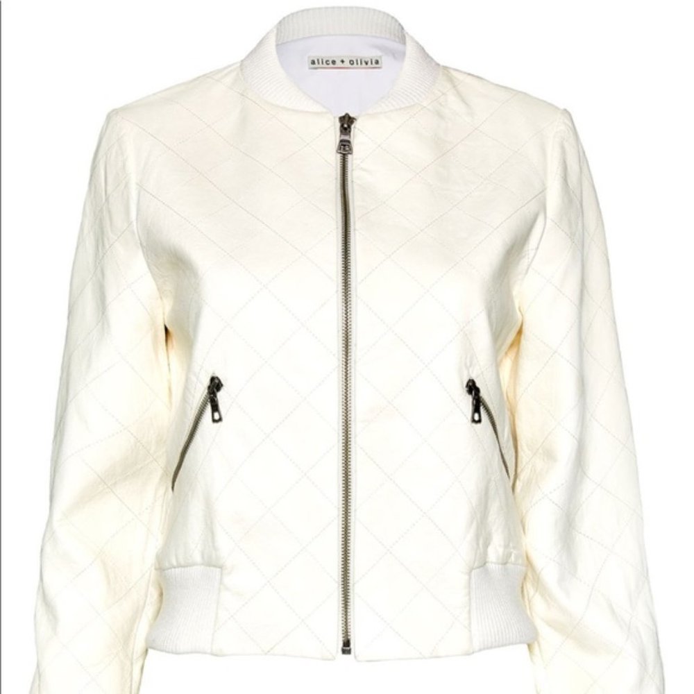 Alice & Olivia Demia Leather Jacket Cream XS